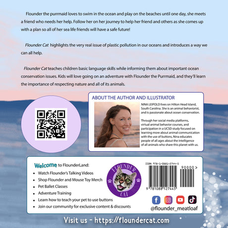 Flounder Cat children's book back cover with summary, author photo and QR code
