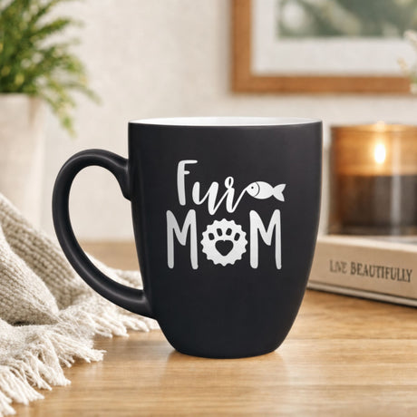 16 oz black ceramic coffee mug with "Fur Mom (Fish)"