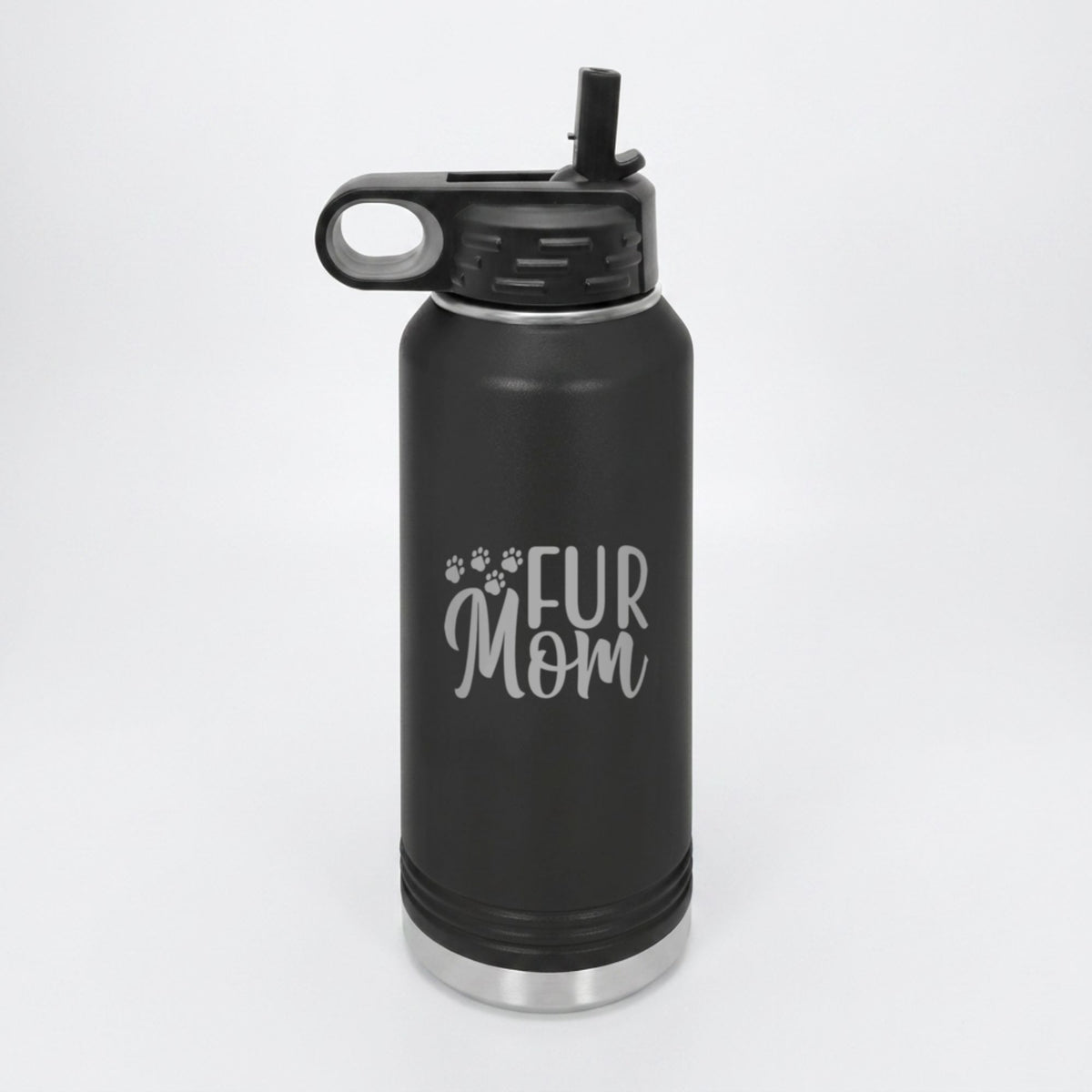 Black 32 oz insulated water bottle laser engraved with "Fur Mom"