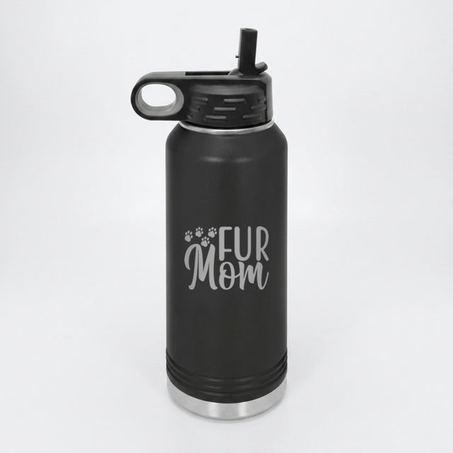 Black 32 oz insulated water bottle laser engraved with "Fur Mom"