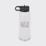 White 32 oz insulated water bottle laser engraved with "Fur Mom"
