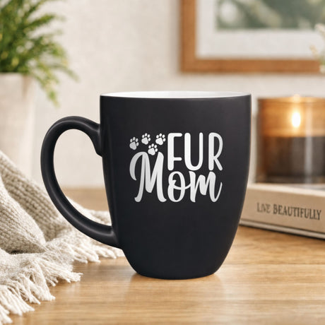 16 oz black ceramic coffee mug with "Fur Mom (Paws)"