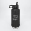 Black 32 oz insulated water bottle laser engraved with "Furry and Bright"