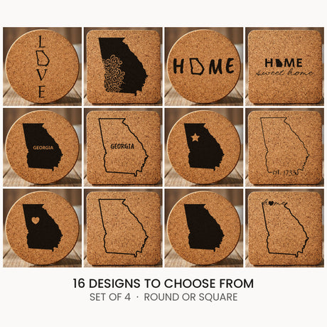Georgia cork coaster set, laser engraved natural cork