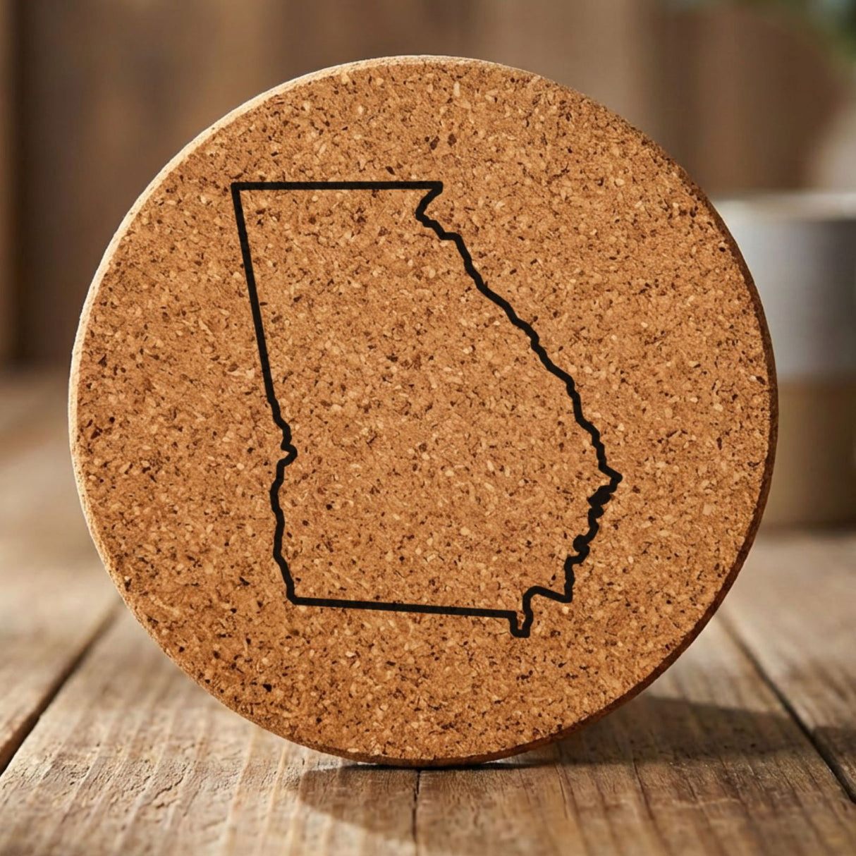 Georgia round cork coaster engraved with a clean state outline