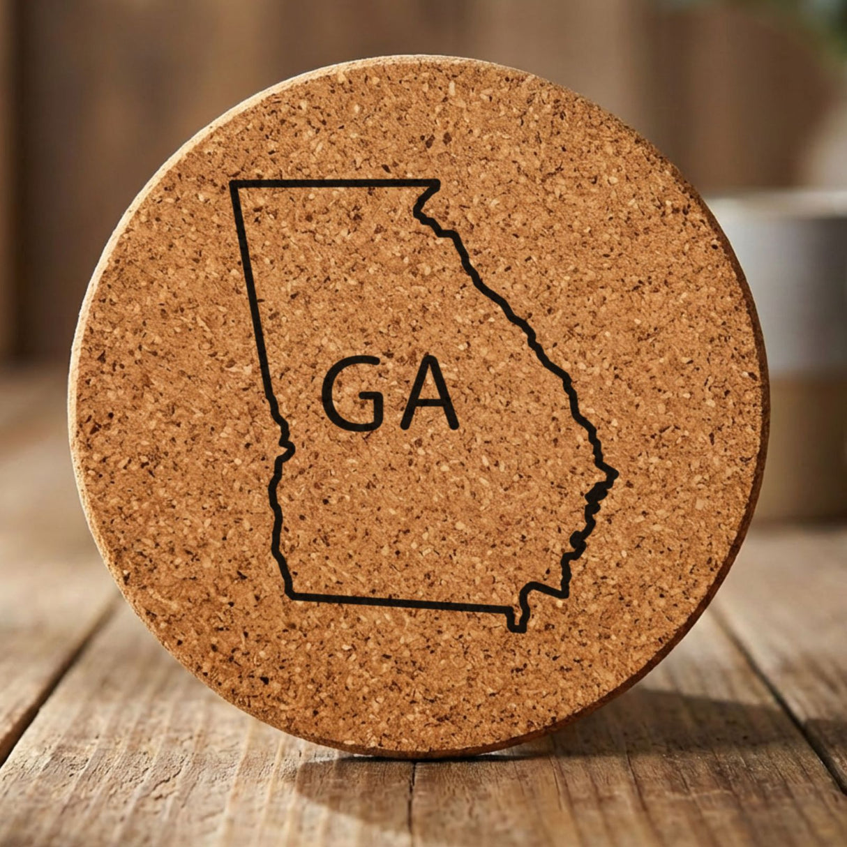Georgia round cork coaster engraved with the state outline and GA initials