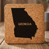 Georgia square cork coaster engraved with the state shape and GEORGIA in bold lettering