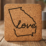 Georgia square cork coaster engraved with a hand-drawn state outline and love in cursive