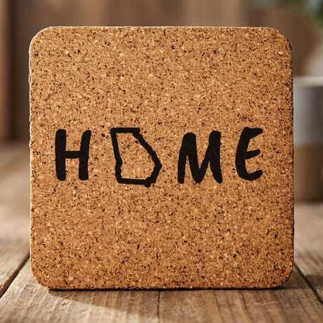 Georgia square cork coaster engraved with HOME using the state outline as the letter O