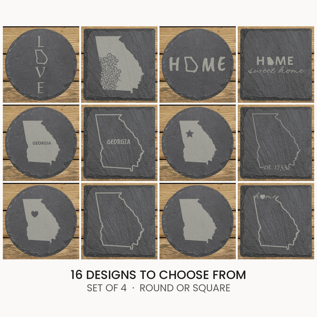 Georgia slate coaster set, laser engraved natural stone