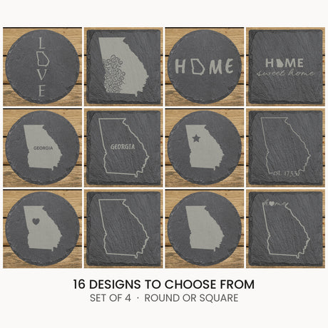 Georgia slate coaster set, laser engraved natural stone