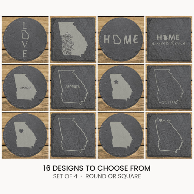 Georgia slate coaster set, laser engraved natural stone