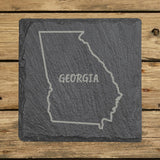 Georgia square slate coaster engraved with the state outline and GEORGIA in hand-drawn brush lettering