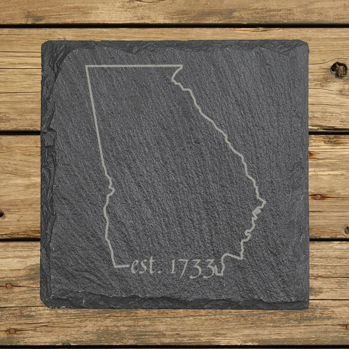 Georgia square slate coaster engraved with the state outline and est. 1733