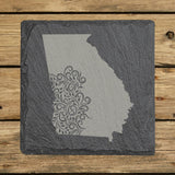 Georgia square slate coaster engraved with the state shape in ornate floral scrollwork