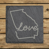 Georgia square slate coaster engraved with a hand-drawn state outline and love in cursive