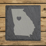 Georgia square slate coaster engraved with the state shape and a heart