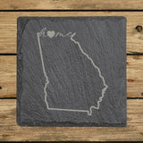 Georgia square slate coaster engraved with the state outline and home in script with a heart