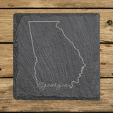 Georgia square slate coaster engraved with the state outline and Georgia in script lettering