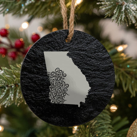 Georgia round slate Christmas ornament engraved with the state shape in ornate floral scrollwork