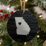 Georgia round slate Christmas ornament engraved with the state shape and a heart