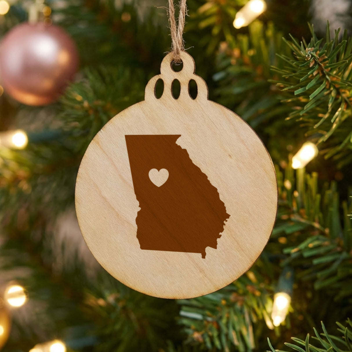 Georgia round wood Christmas ornament engraved with the state shape and a heart