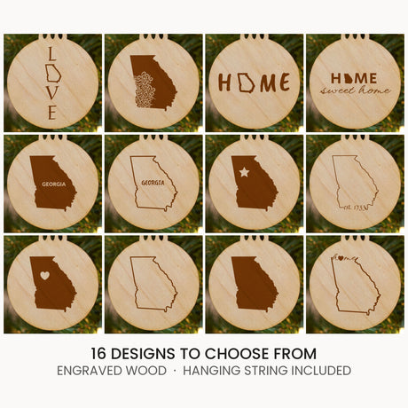 Georgia wood Christmas ornament, laser engraved natural wood