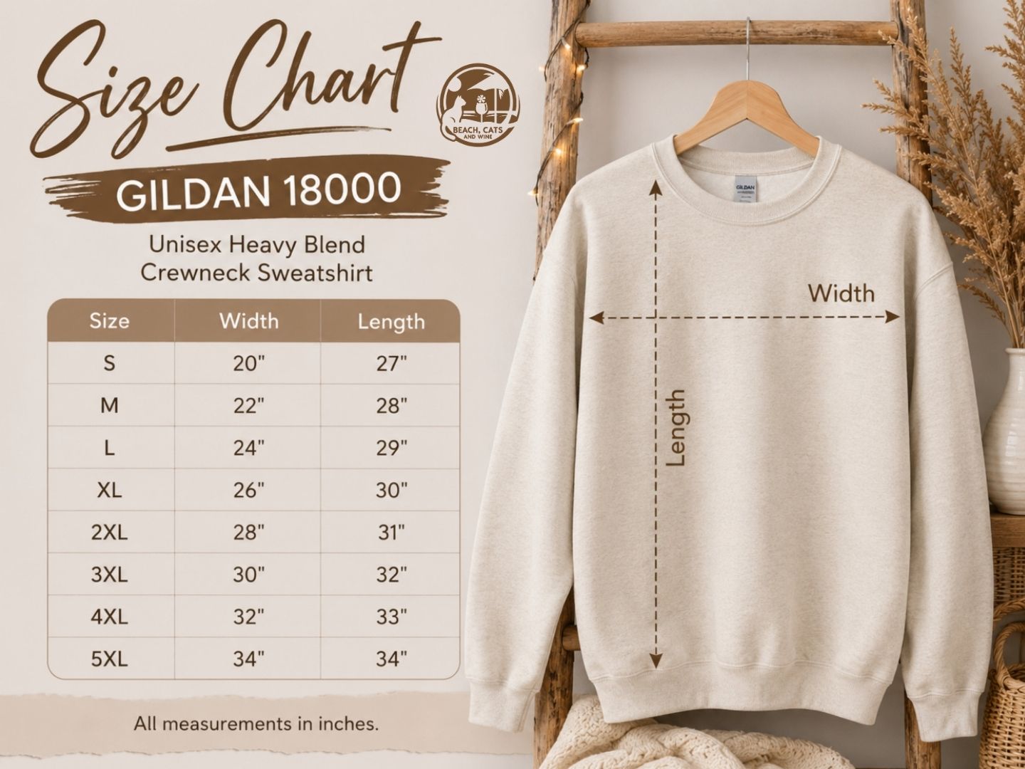 Gildan 18000 unisex heavy blend crewneck sweatshirt size chart, body length and chest width by size