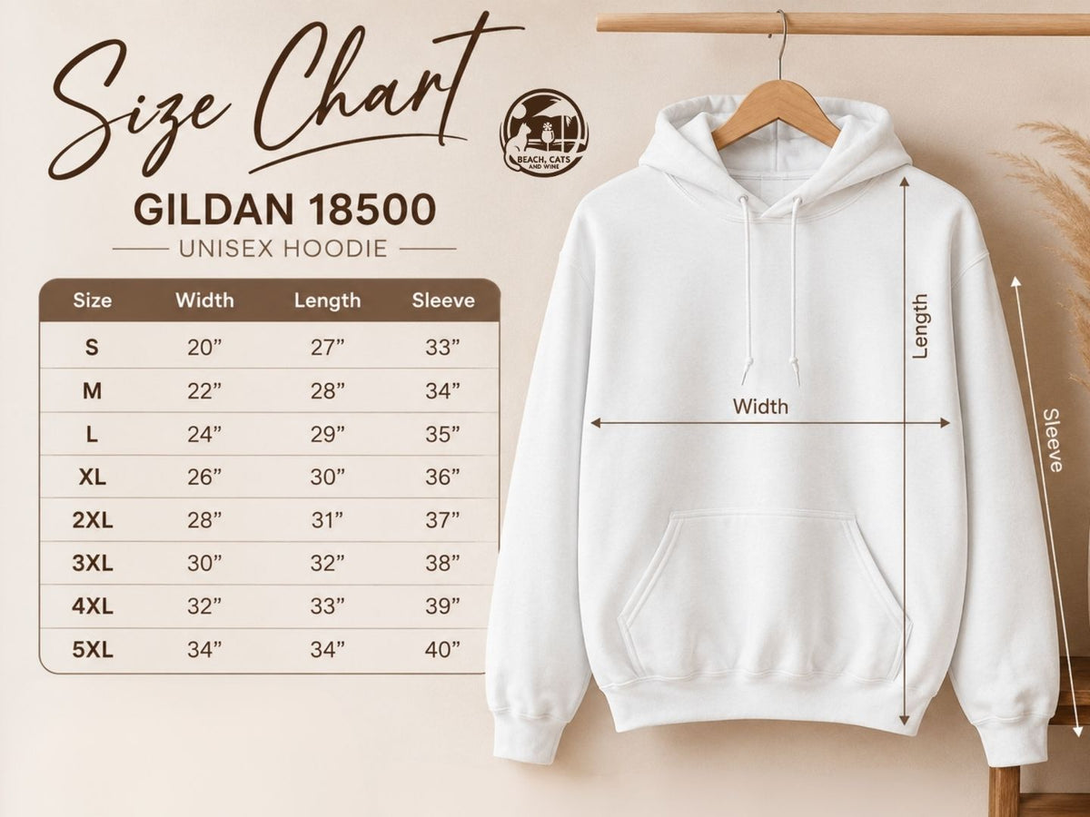 Gildan 18500 unisex heavy blend hooded sweatshirt size chart, body length and chest width by size