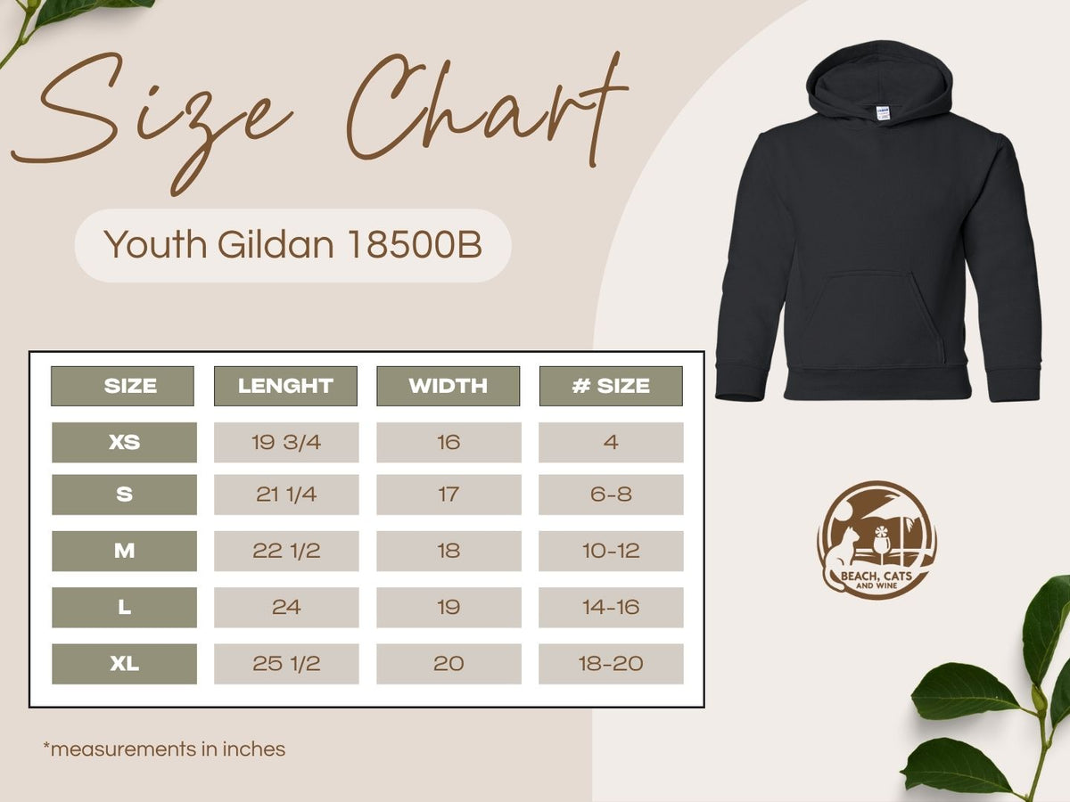 Gildan 18500B youth heavy blend hooded sweatshirt size chart, body length and chest width by size