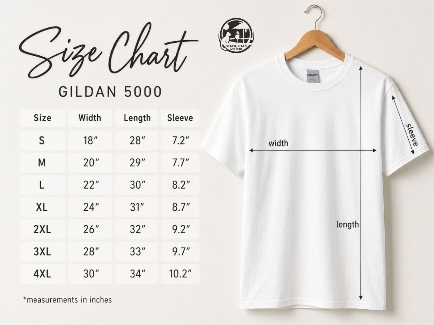 Gildan 5000 unisex heavy cotton tee size chart, body length and chest width by size