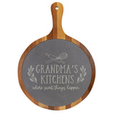 "Grandma's Kitchens" Round Acacia Wood/Slate Cutting Board - Laser Engraved