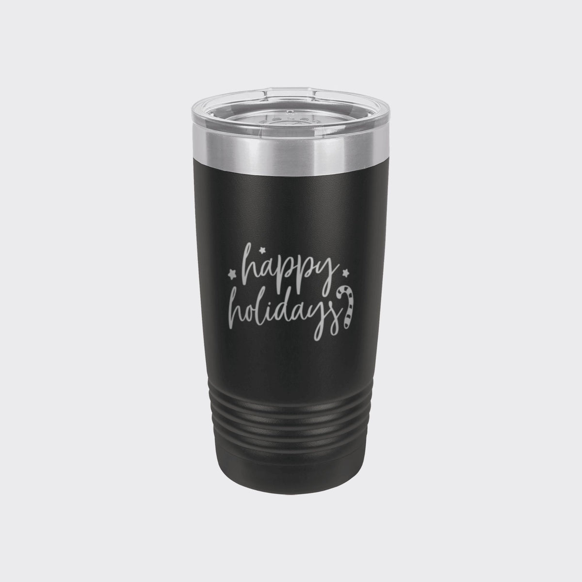 Black 20 oz tumbler laser engraved with "Happy Holidays"