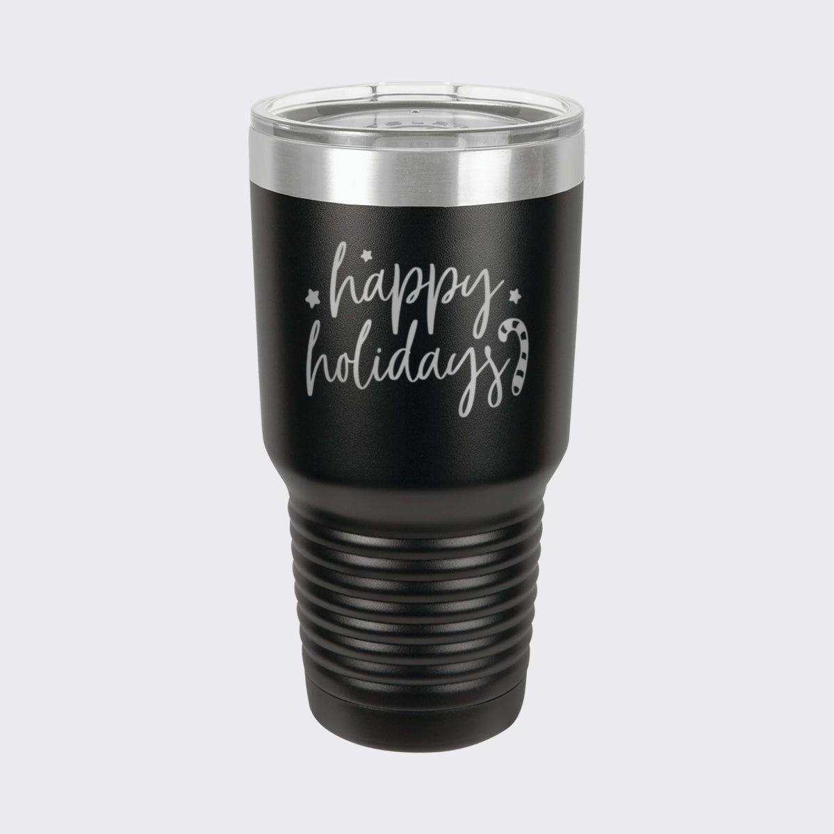 Black 30 oz tumbler laser engraved with "Happy Holidays"