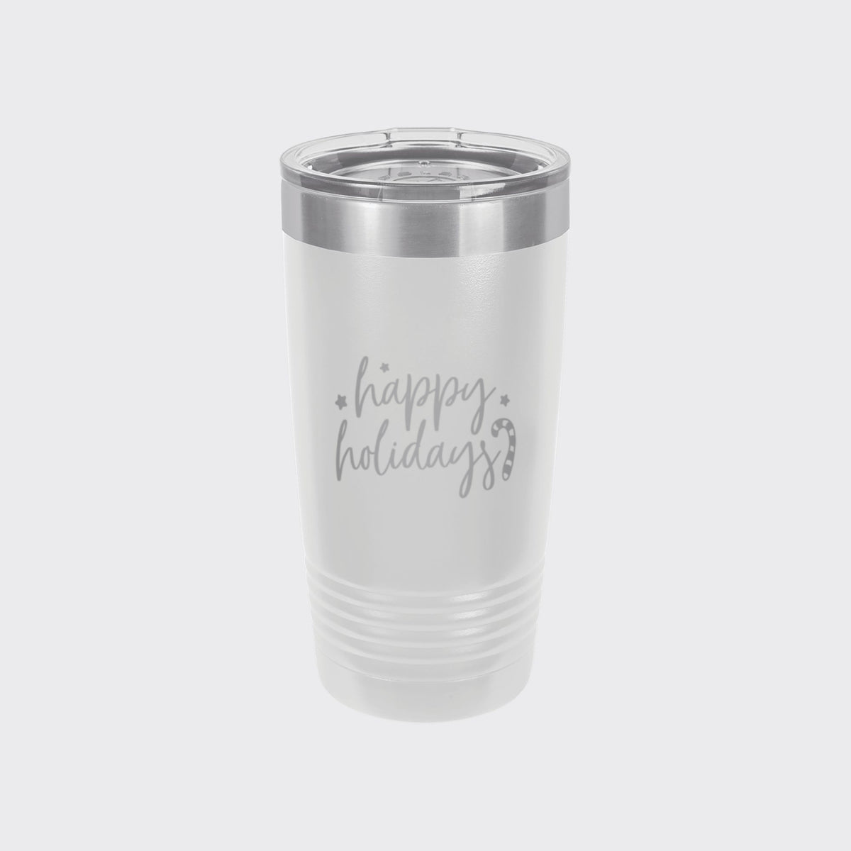 White 20 oz tumbler laser engraved with "Happy Holidays"
