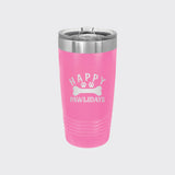 Pink 20 oz tumbler laser engraved with "Happy Pawlidays"