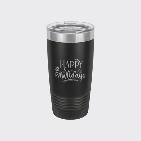 Black 20 oz tumbler laser engraved with "Happy Pawlidays"