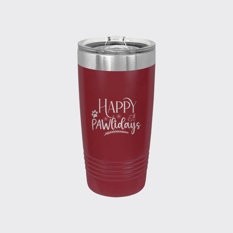Maroon 20 oz tumbler laser engraved with "Happy Pawlidays"