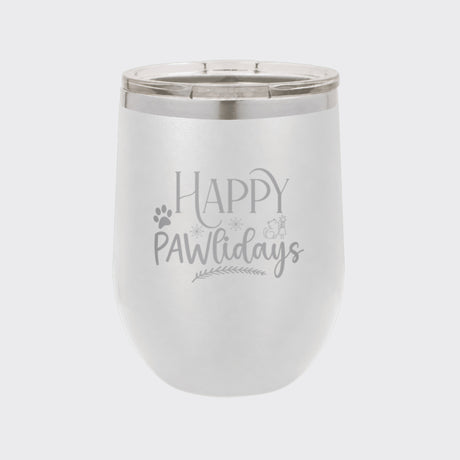 White 12 oz stemless wine tumbler laser engraved with "Happy Pawlidays"