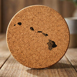 Hawaii round cork coaster engraved with the state shape in ornate floral scrollwork
