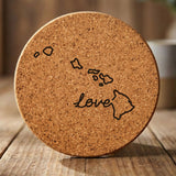 Hawaii round cork coaster engraved with a hand-drawn state outline and love in cursive