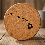 Hawaii round cork coaster engraved with the state shape and a heart