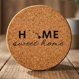 Hawaii round cork coaster engraved with HOME sweet home using the state shape as the letter O