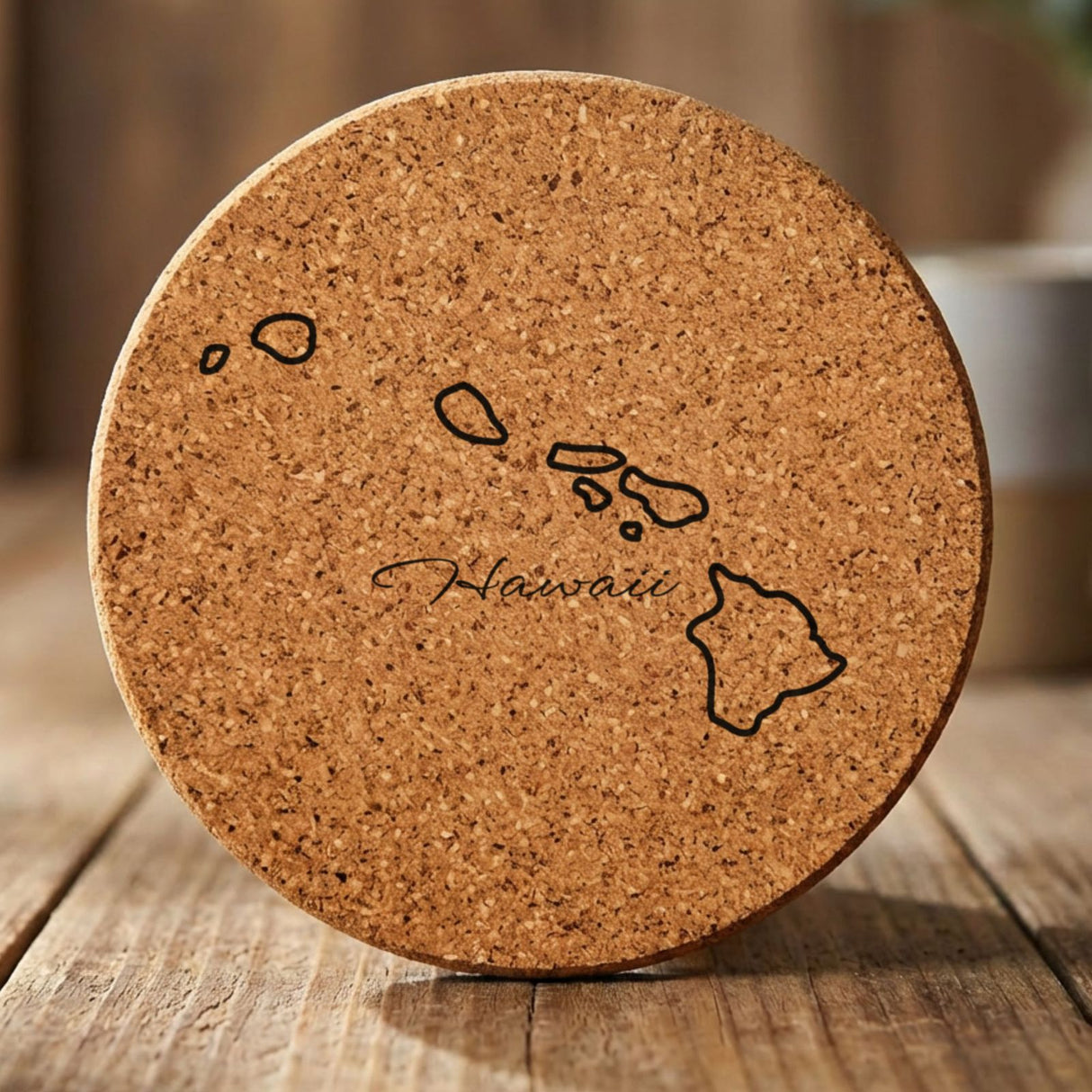 Hawaii round cork coaster engraved with the state outline and Hawaii in script lettering