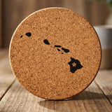 Hawaii round cork coaster engraved with the state shape and a star
