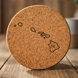 Hawaii round cork coaster engraved with the state outline and HI initials