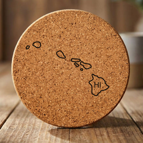 Hawaii round cork coaster engraved with the state outline and HI initials