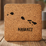 Hawaii square cork coaster engraved with the state outline and HAWAII in hand-drawn brush lettering