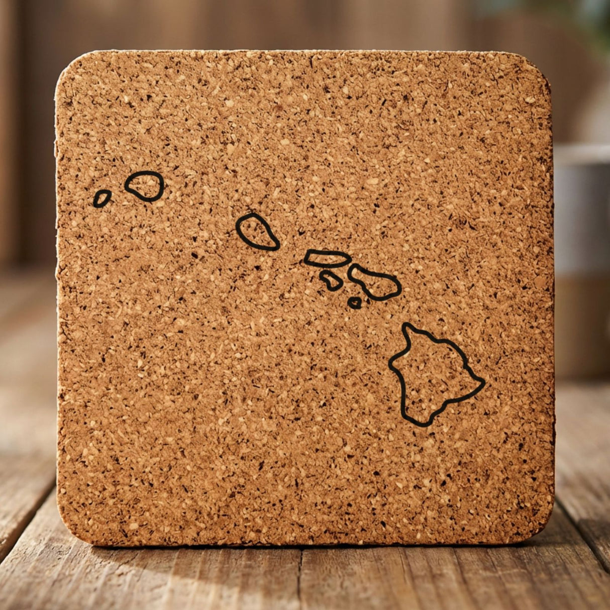 Hawaii square cork coaster engraved with a clean state outline