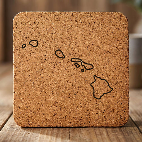 Hawaii square cork coaster engraved with a clean state outline